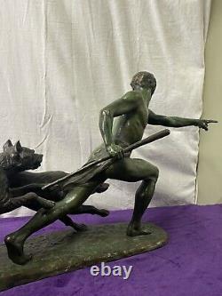 Léon Riché Importante Sculpture Bronze Athlète Et Ses Deux Chiens Signé Art Deco