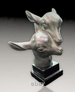 M. Leducq Sculpture Fonte D'art Regule Deco 1930 Tetes Biches Patine Bronze