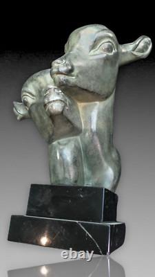 M. Leducq Sculpture Fonte D'art Regule Deco 1930 Tetes Biches Patine Bronze