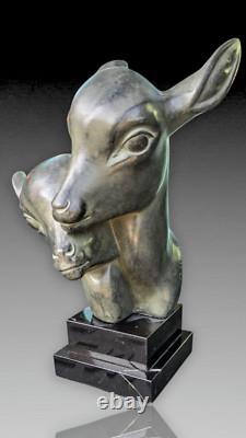M. Leducq Sculpture Fonte D'art Regule Deco 1930 Tetes Biches Patine Bronze