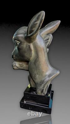 M. Leducq Sculpture Fonte D'art Regule Deco 1930 Tetes Biches Patine Bronze