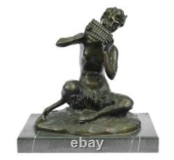 Original Signé Satyre Faune Plays Flûte Tuyau Mythique Art Bronze Sculpture