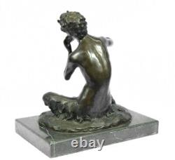 Original Signé Satyre Faune Plays Flûte Tuyau Mythique Art Bronze Sculpture