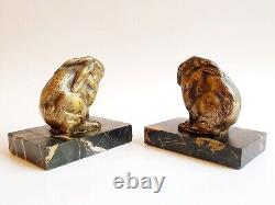 Paire de serre-livres sculpture animalière Lapin Bronze Patine Doré Art Nouveau