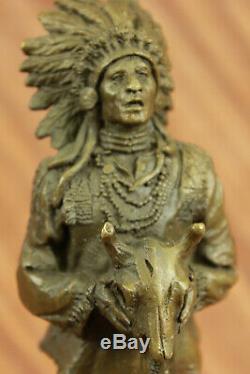 Rare Indien D'Amérique Art Chief Boeuf Tête Bronze Marbre Statue Sculpture Nr