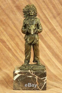 Rare Indien D'Amérique Art Chief Boeuf Tête Bronze Marbre Statue Sculpture Nr