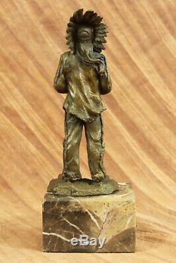 Rare Indien D'Amérique Art Chief Boeuf Tête Bronze Marbre Statue Sculpture Nr