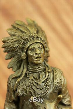 Rare Indien D'Amérique Art Chief Boeuf Tête Bronze Marbre Statue Sculpture Nr