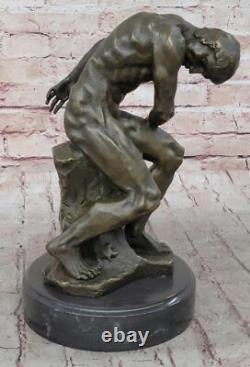 Rodin Réalisme Style Art Sculpture 100% Bronze Sur Marbre Base Nu Homme
