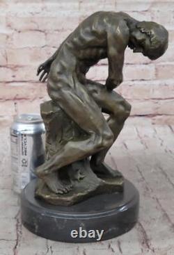 Rodin Réalisme Style Art Sculpture 100% Bronze Sur Marbre Base Nu Homme