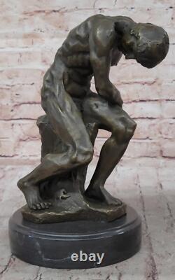 Rodin Réalisme Style Art Sculpture 100% Bronze Sur Marbre Base Nu Homme