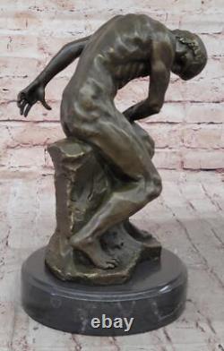 Rodin Réalisme Style Art Sculpture 100% Bronze Sur Marbre Base Nu Homme