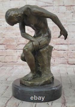 Rodin Réalisme Style Art Sculpture 100% Bronze Sur Marbre Base Nu Homme