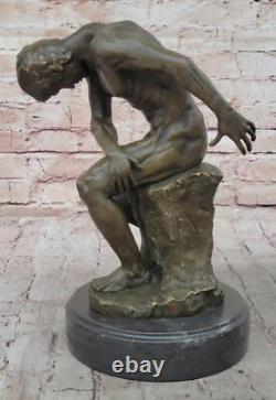 Rodin Réalisme Style Art Sculpture 100% Bronze Sur Marbre Base Nu Homme