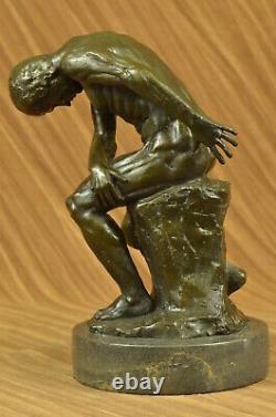 Rodin Réalisme Style Art Sculpture 100% Bronze Sur Marbre Base Nu Homme
