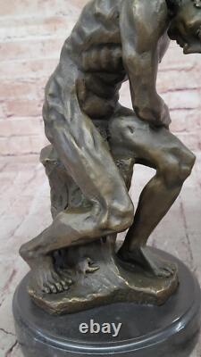 Rodin Réalisme Style Art Sculpture 100% Bronze Sur Marbre Base Nu Homme