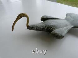 Sculpture Antique Art- Egypte Ibis Dieu Thot Pierre Et Bronze Doré