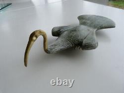 Sculpture Antique Art- Egypte Ibis Dieu Thot Pierre Et Bronze Doré