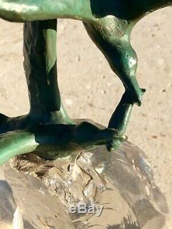 Sculpture Art Deco Bronze Verre Oiseaux Signe Chatil