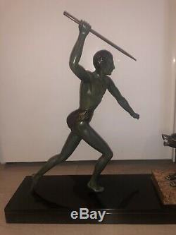Sculpture Bronze 1920 Signee J Brault Art Deco Chasse Loup Guerrier Statue Rare