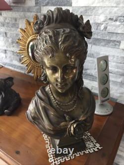 Sculpture, Bronze, buste femme, Art nouveau, Haut 35 Cm Attribué À AIZELIN E