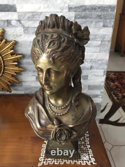 Sculpture, Bronze, buste femme, Art nouveau, Haut 35 Cm Attribué À AIZELIN E