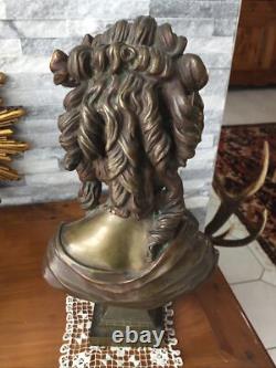 Sculpture, Bronze, buste femme, Art nouveau, Haut 35 Cm Attribué À AIZELIN E
