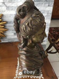 Sculpture, Bronze, buste femme, Art nouveau, Haut 35 Cm Attribué À AIZELIN E