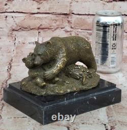 Sculpture D'Ours Et De Ourson Barye Figurine D'Art En Bronze Signée De Faune