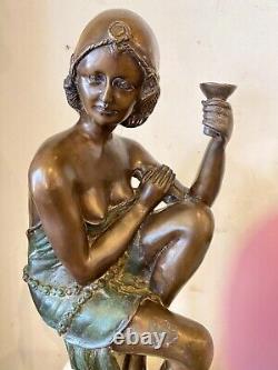 Sculpture De Femme En Bronze Style Art Déco Sur Socle Pierre Blanche Début Xxeme