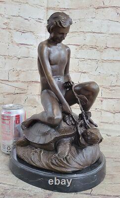 Sculpture En Bronze Garçon Nu Avec Tortue Figurine Art Déco Statue Décor Maison