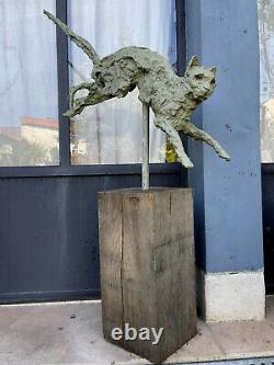Sculpture Feline (le Chat) En Fonte De Bronze Art Brutaliste De 1 M De H