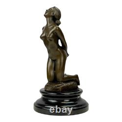 Sculpture en bronze femme nue agenouillée sur socle en marbre Art Decor 8,6 po
