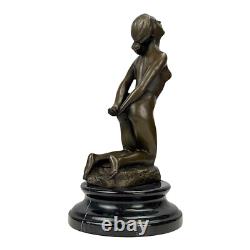 Sculpture en bronze femme nue agenouillée sur socle en marbre Art Decor 8,6 po
