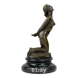 Sculpture en bronze femme nue agenouillée sur socle en marbre Art Decor 8,6 po