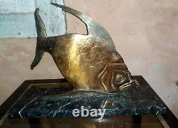 Sculpture poisson Art Déco en Bronze à patinz cuivré signé Fish