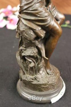 Signé Français Roche Fair Maiden Bronze Sculpture Art Déco Marbre Base Figurine