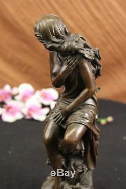 Signé Français Roche Fair Maiden Bronze Sculpture Art Déco Marbre Base Figurine
