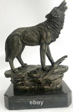 Signé Original Art Loup Hurlant Pour The Moon Bronze Sculpture Bille Base Statue