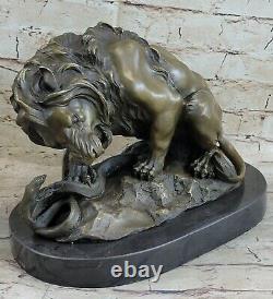 Signée Barye Serpent Et Lion Bronze Marbre Sculpture Statue Figurine Art Déco