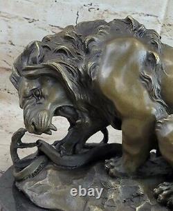 Signée Barye Serpent Et Lion Bronze Marbre Sculpture Statue Figurine Art Déco