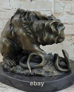 Signée Barye Serpent Et Lion Bronze Marbre Sculpture Statue Figurine Art Déco