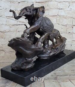 Signée Beau Famille Éléphants Marche Bronze Art Déco Sculpture Statue Décor