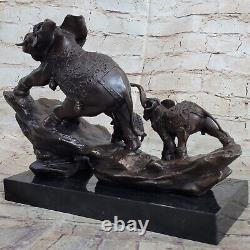 Signée Beau Famille Éléphants Marche Bronze Art Déco Sculpture Statue Décor