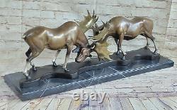 Signée Bronze Art Sculpture Statue Cerf Combat Renne Buck Bois Élan Moose