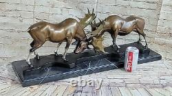 Signée Bronze Art Sculpture Statue Cerf Combat Renne Buck Bois Élan Moose