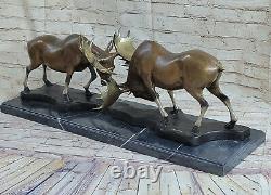 Signée Bronze Art Sculpture Statue Cerf Combat Renne Buck Bois Élan Moose