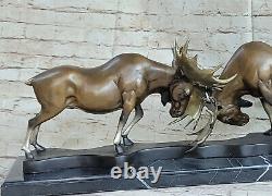 Signée Bronze Art Sculpture Statue Cerf Combat Renne Buck Bois Élan Moose