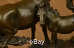 Signée Mene 3 Debout Chevaux Base Marbre Art Figurine Bronze Sculpture Statue