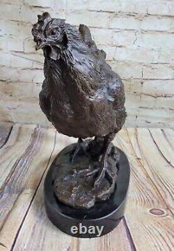 Signée Milo Bronze Poulet Coq Oiseau Statue Sculpture Art Décor Ferme Grange